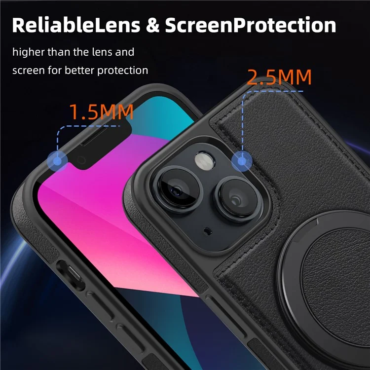Funda magnética para iPhone 13 con anillo de soporte y protección híbrida de piel+PC+TPU - Negro