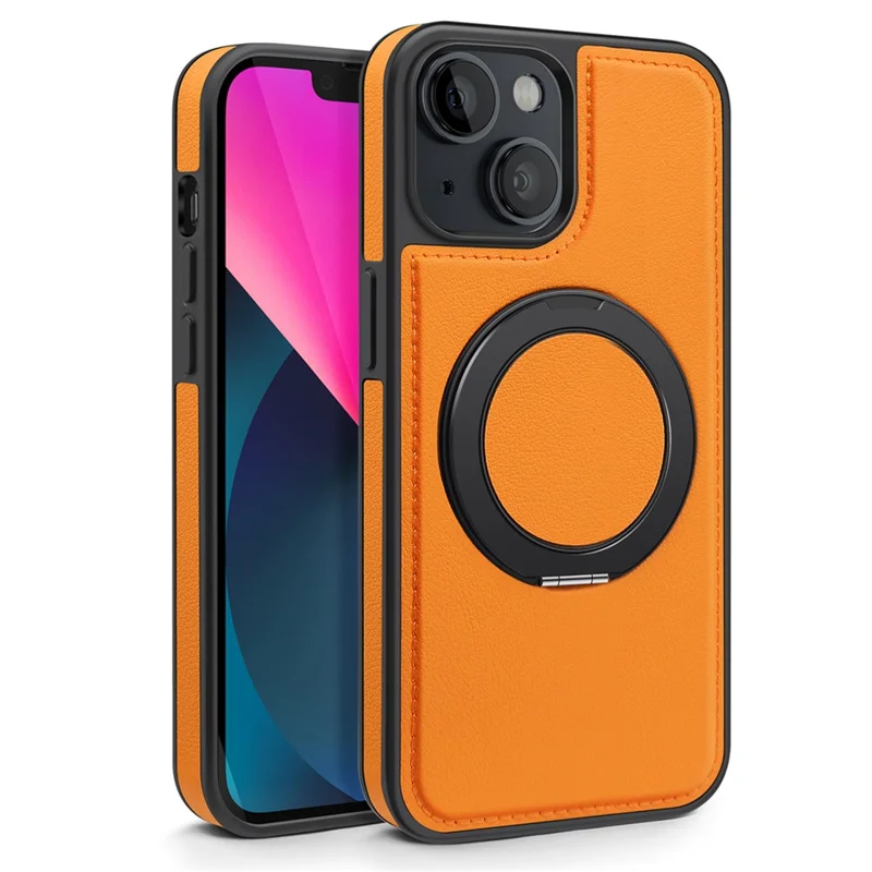 For iPhone 13 Case with Ring Kickstand Compatible with MagSafe PU Leather Back Cover - Orange