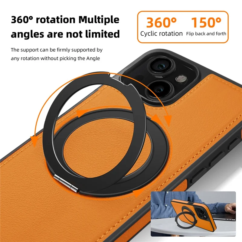 For iPhone 13 Case with Ring Kickstand Compatible with MagSafe PU Leather Back Cover - Orange
