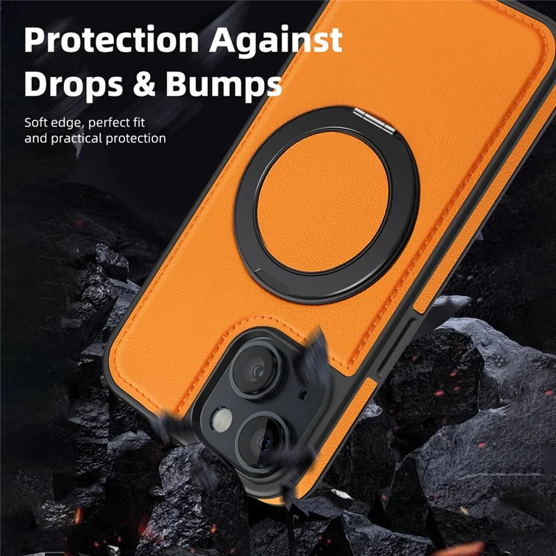 For iPhone 13 Case with Ring Kickstand Compatible with MagSafe PU Leather Back Cover - Orange