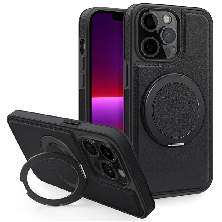 Funda para iPhone 13 Pro de piel + PC + TPU con soporte - Negro