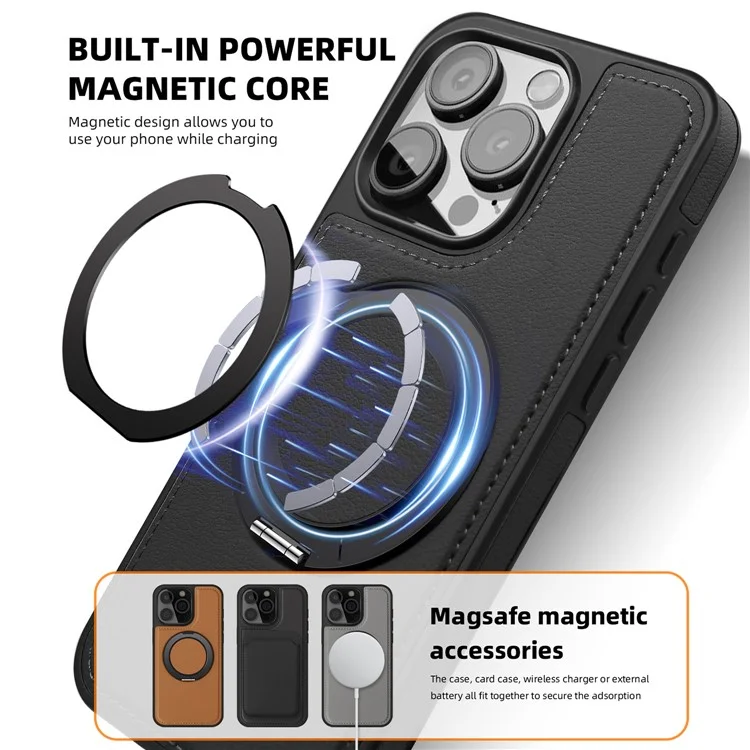 Funda para iPhone 13 Pro de piel + PC + TPU con soporte - Negro