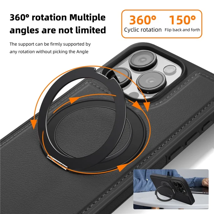 Funda para iPhone 13 Pro de piel + PC + TPU con soporte - Negro