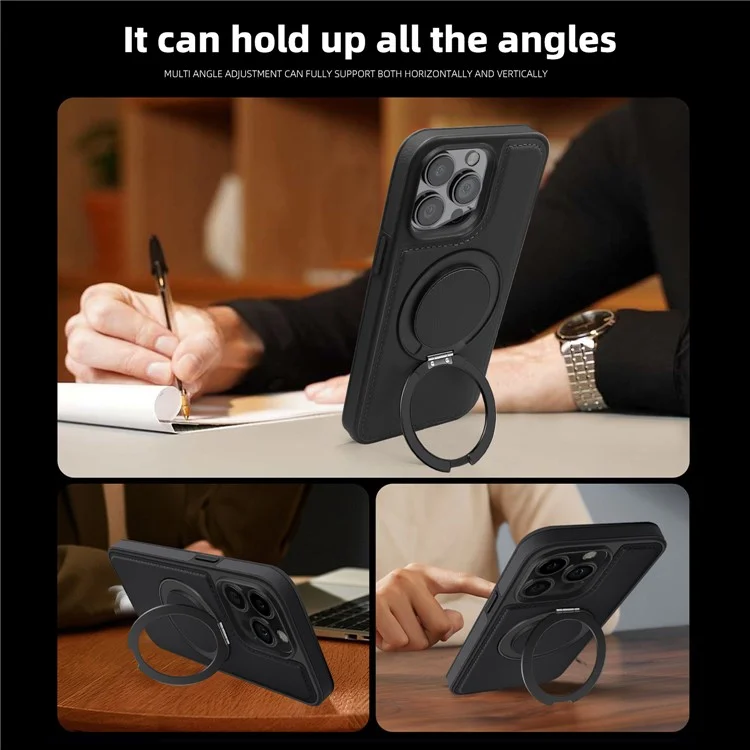 Funda para iPhone 13 Pro de piel + PC + TPU con soporte - Negro