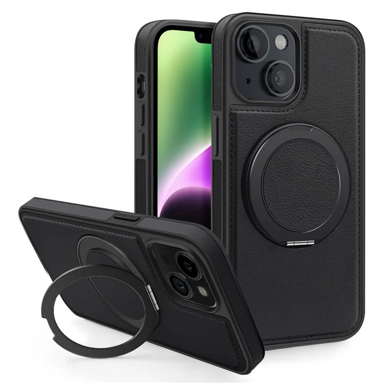 For iPhone 14 Case with Ring Kickstand Compatible with MagSafe PU Leather Back Cover - Black
