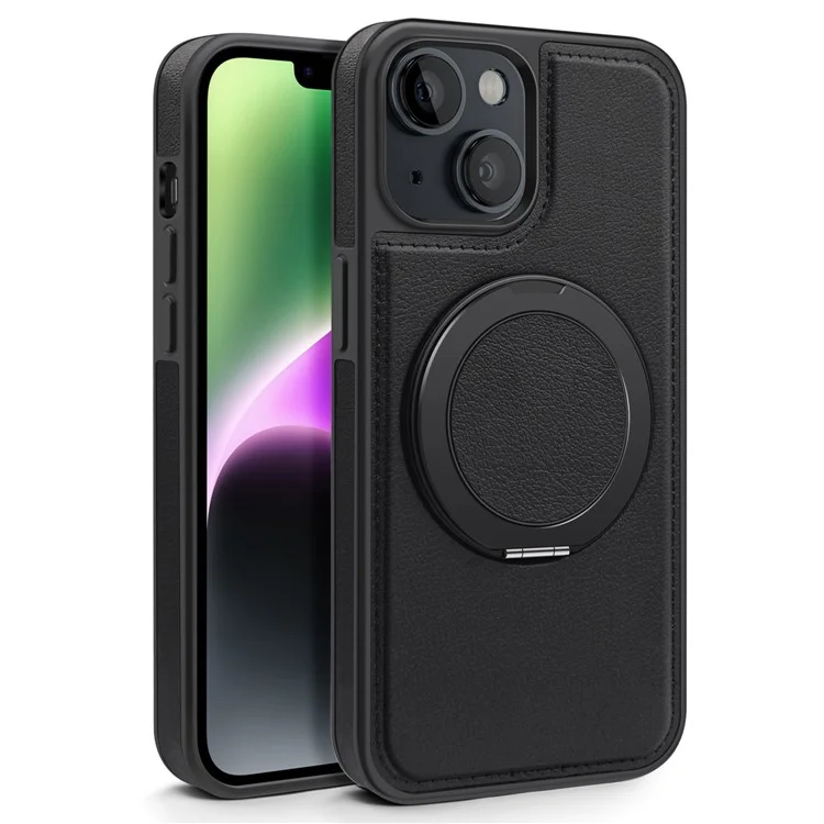For iPhone 14 Case with Ring Kickstand Compatible with MagSafe PU Leather Back Cover - Black
