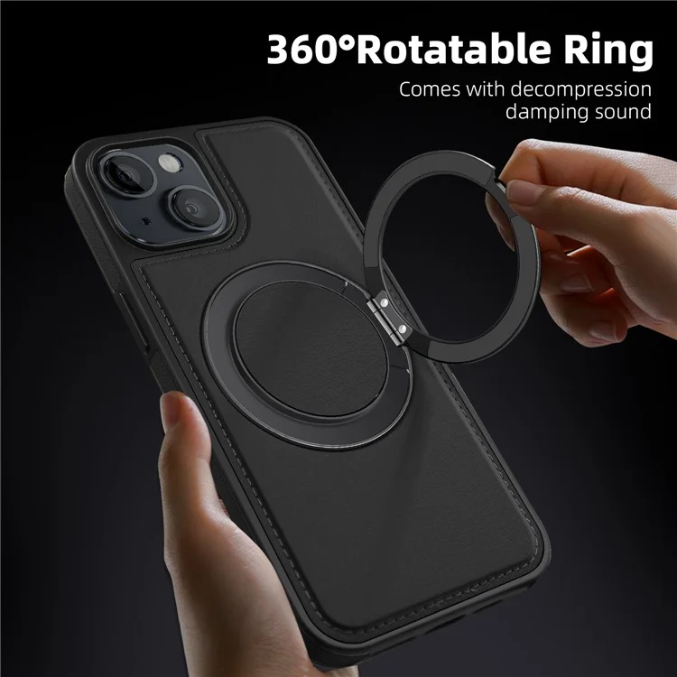 For iPhone 14 Case with Ring Kickstand Compatible with MagSafe PU Leather Back Cover - Black