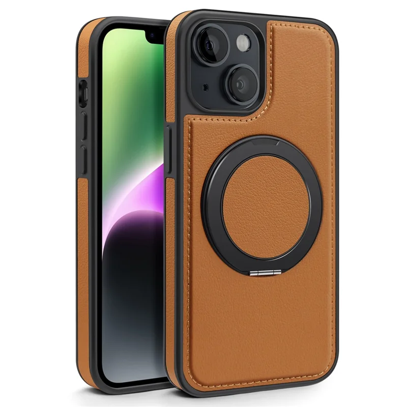 For iPhone 14 Case with Ring Kickstand Compatible with MagSafe PU Leather Back Cover - Brown