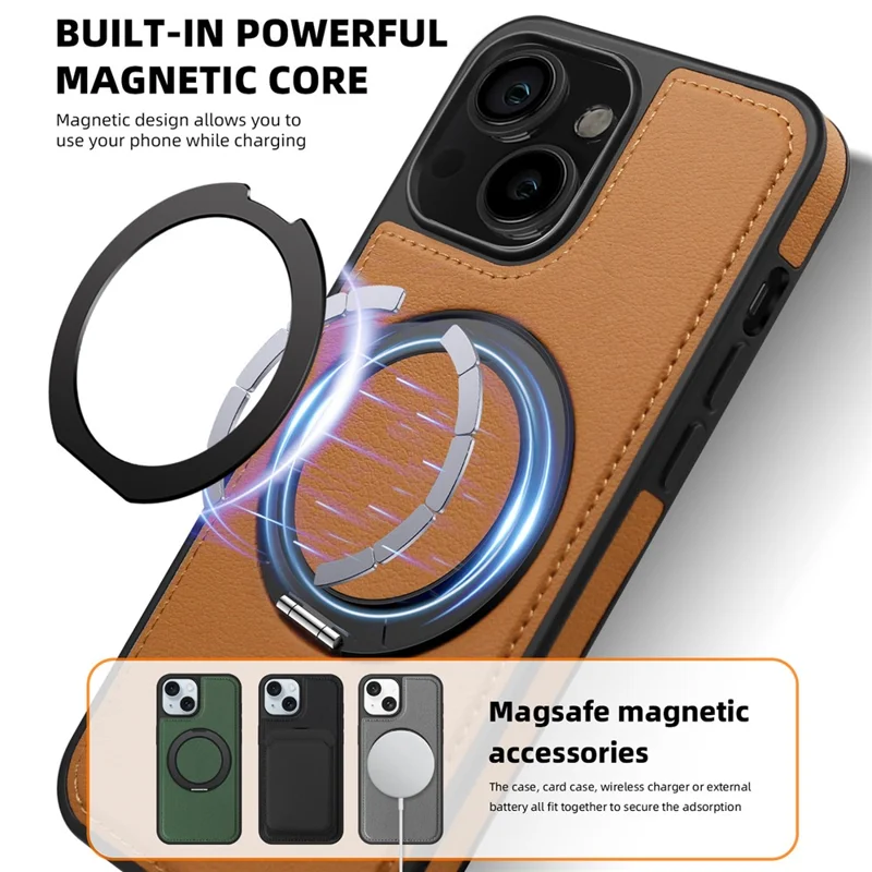 For iPhone 14 Case with Ring Kickstand Compatible with MagSafe PU Leather Back Cover - Brown