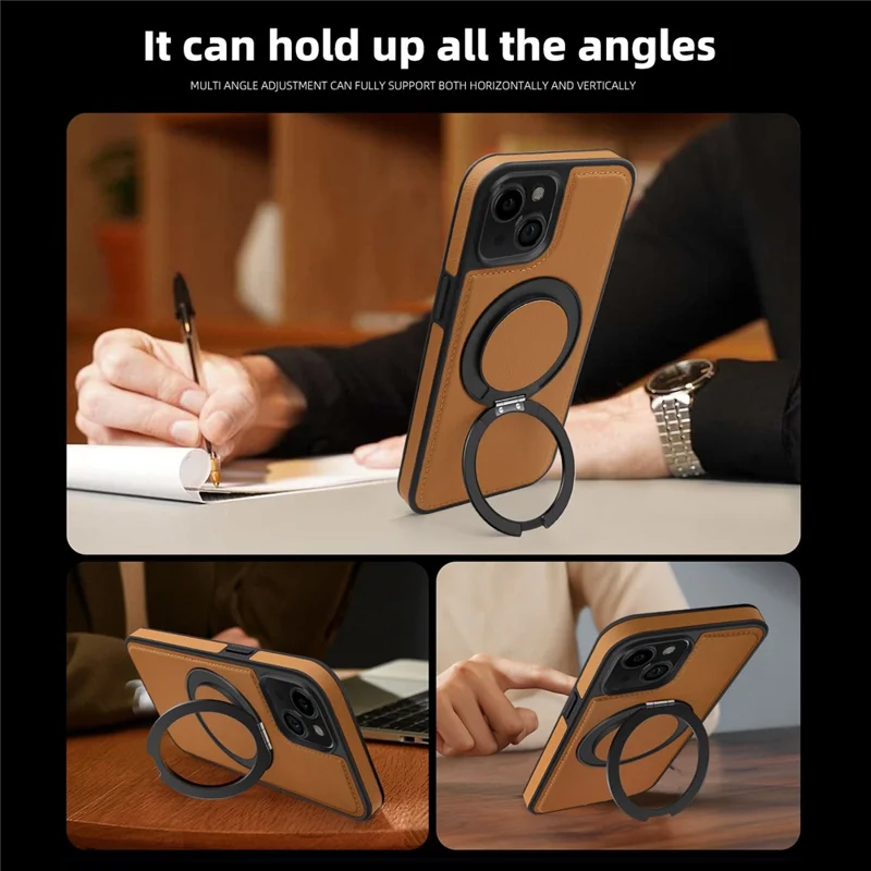 For iPhone 14 Case with Ring Kickstand Compatible with MagSafe PU Leather Back Cover - Brown