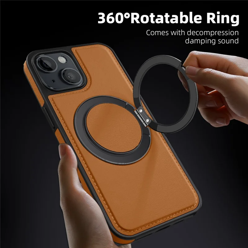 For iPhone 14 Case with Ring Kickstand Compatible with MagSafe PU Leather Back Cover - Brown