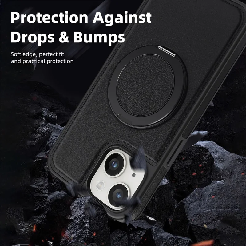 For iPhone 14 Plus Case with Ring Kickstand Compatible with MagSafe PU Leather Back Cover - Black
