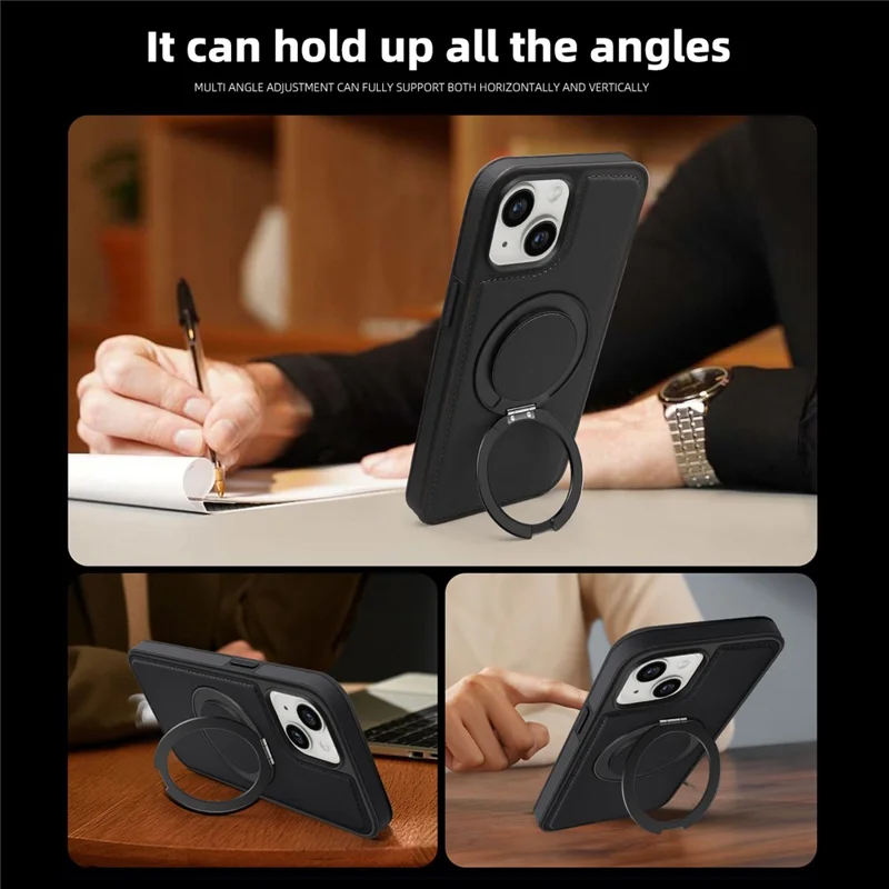 For iPhone 14 Plus Case with Ring Kickstand Compatible with MagSafe PU Leather Back Cover - Black
