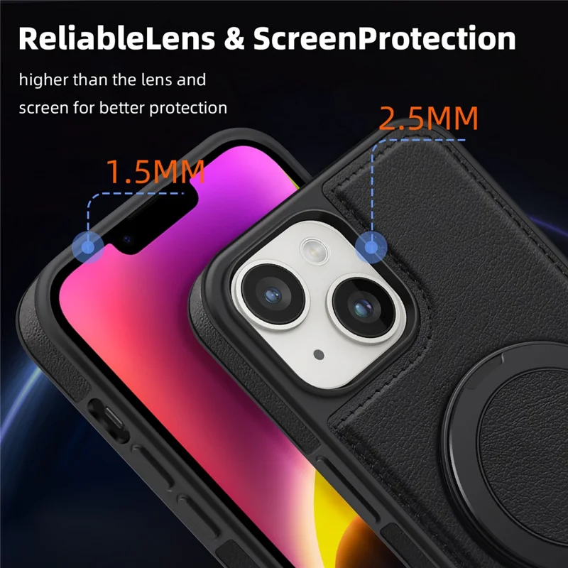 For iPhone 14 Plus Case with Ring Kickstand Compatible with MagSafe PU Leather Back Cover - Black