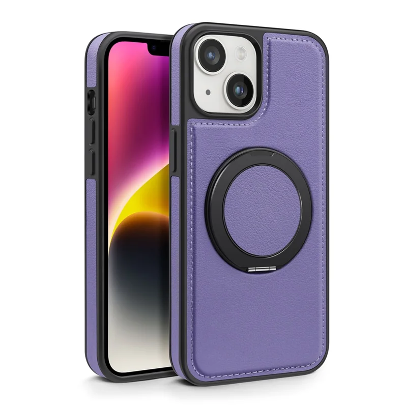 For iPhone 14 Plus Case with Ring Kickstand Compatible with MagSafe PU Leather Back Cover - Purple