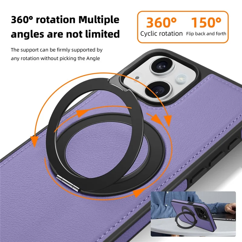 For iPhone 14 Plus Case with Ring Kickstand Compatible with MagSafe PU Leather Back Cover - Purple