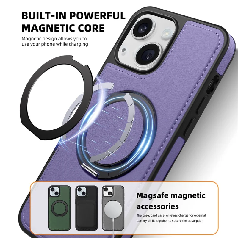 For iPhone 14 Plus Case with Ring Kickstand Compatible with MagSafe PU Leather Back Cover - Purple