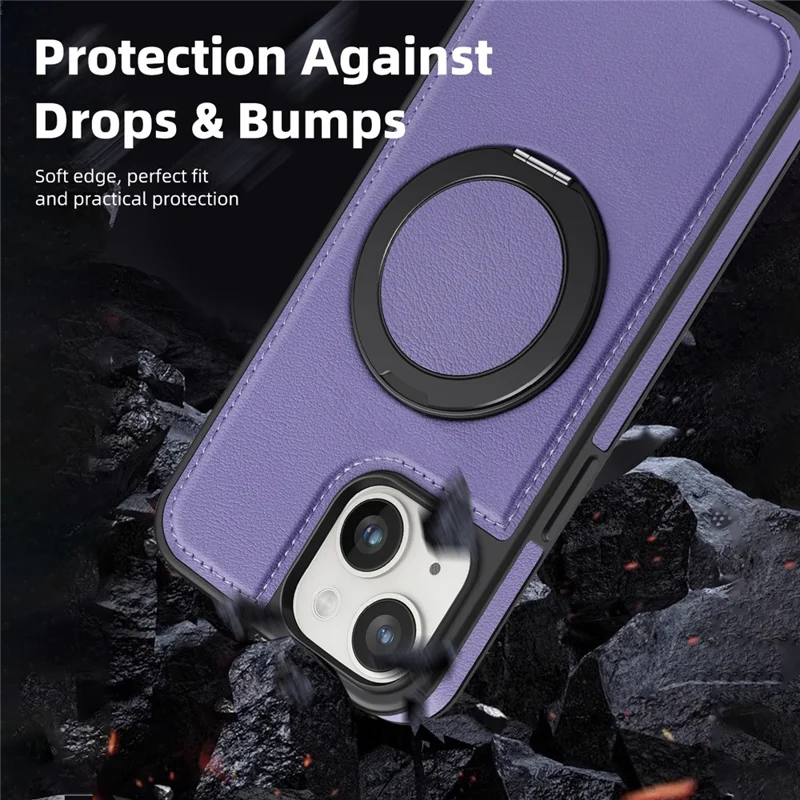 For iPhone 14 Plus Case with Ring Kickstand Compatible with MagSafe PU Leather Back Cover - Purple
