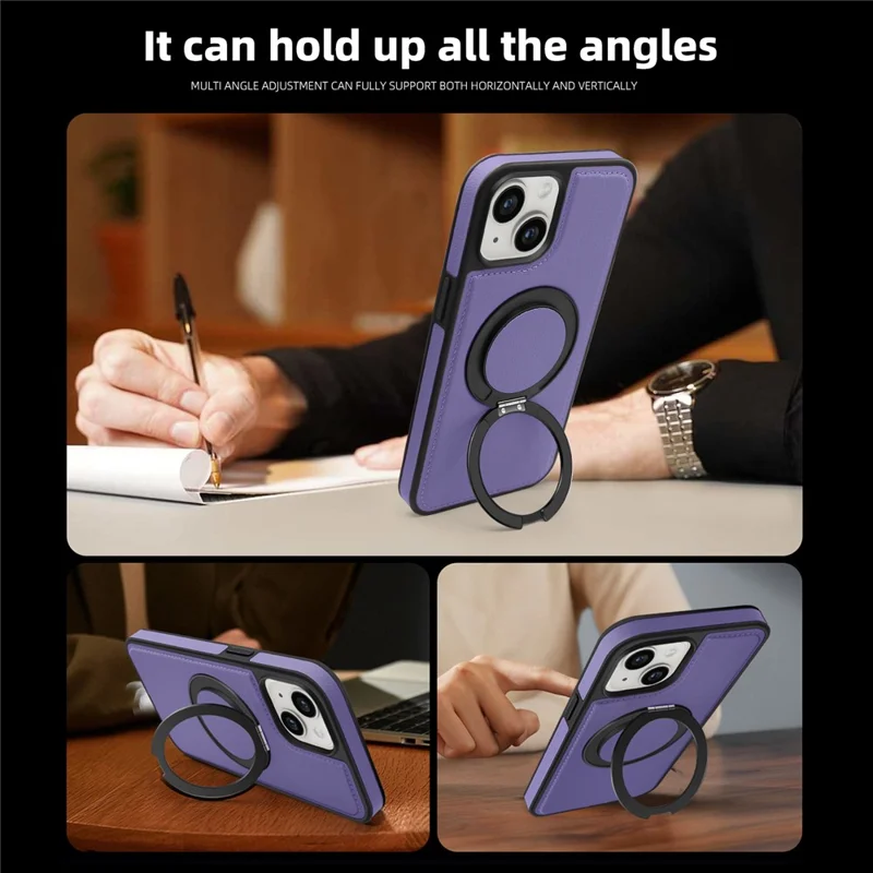 For iPhone 14 Plus Case with Ring Kickstand Compatible with MagSafe PU Leather Back Cover - Purple