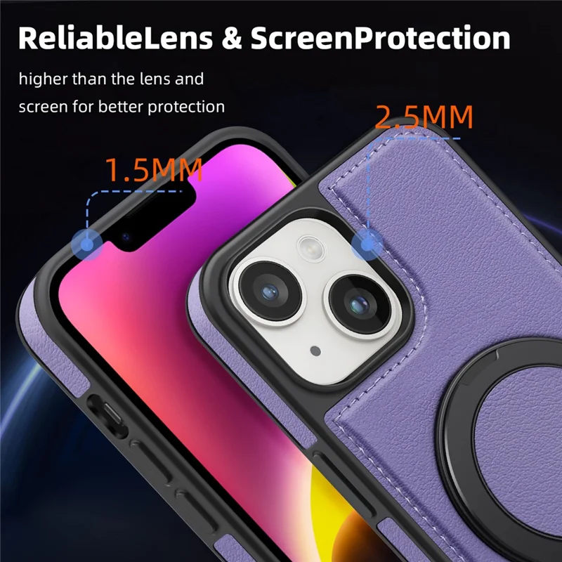 For iPhone 14 Plus Case with Ring Kickstand Compatible with MagSafe PU Leather Back Cover - Purple