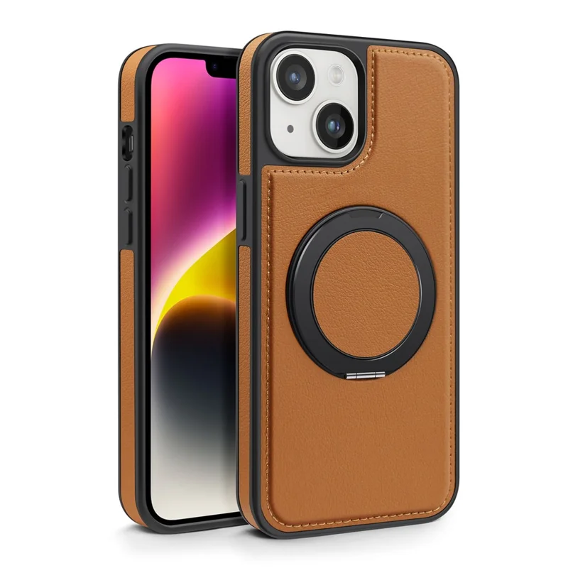For iPhone 14 Plus Case with Ring Kickstand Compatible with MagSafe PU Leather Back Cover - Brown