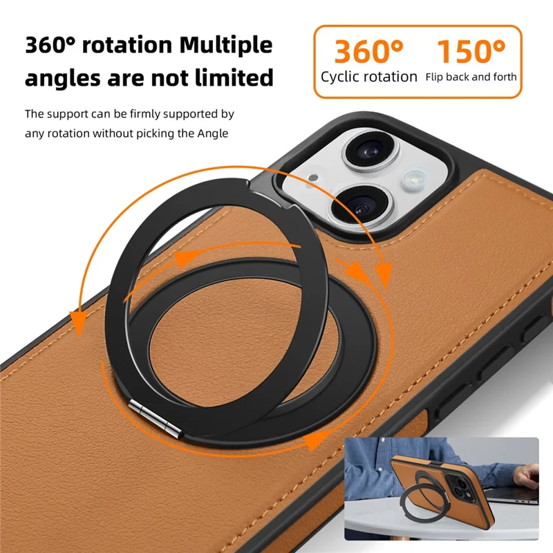 For iPhone 14 Plus Case with Ring Kickstand Compatible with MagSafe PU Leather Back Cover - Brown