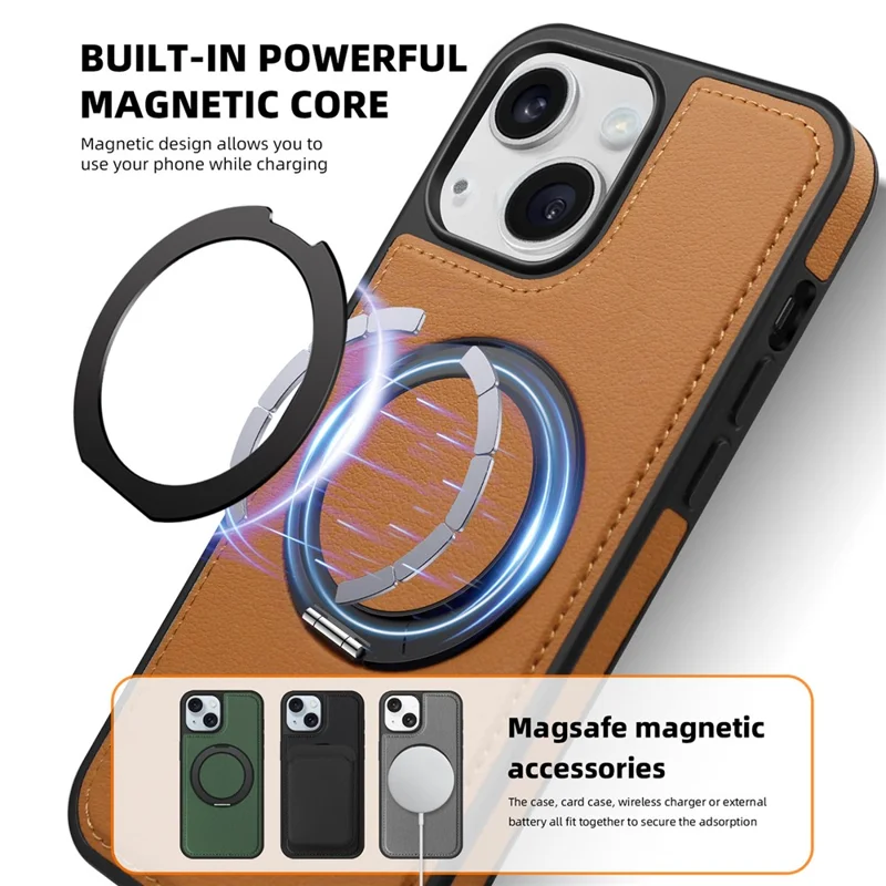 For iPhone 14 Plus Case with Ring Kickstand Compatible with MagSafe PU Leather Back Cover - Brown