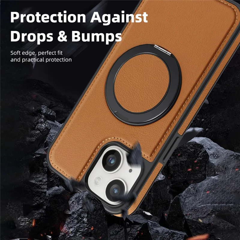 For iPhone 14 Plus Case with Ring Kickstand Compatible with MagSafe PU Leather Back Cover - Brown