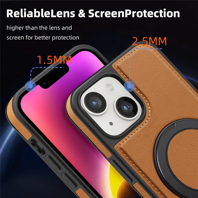 For iPhone 14 Plus Case with Ring Kickstand Compatible with MagSafe PU Leather Back Cover - Brown