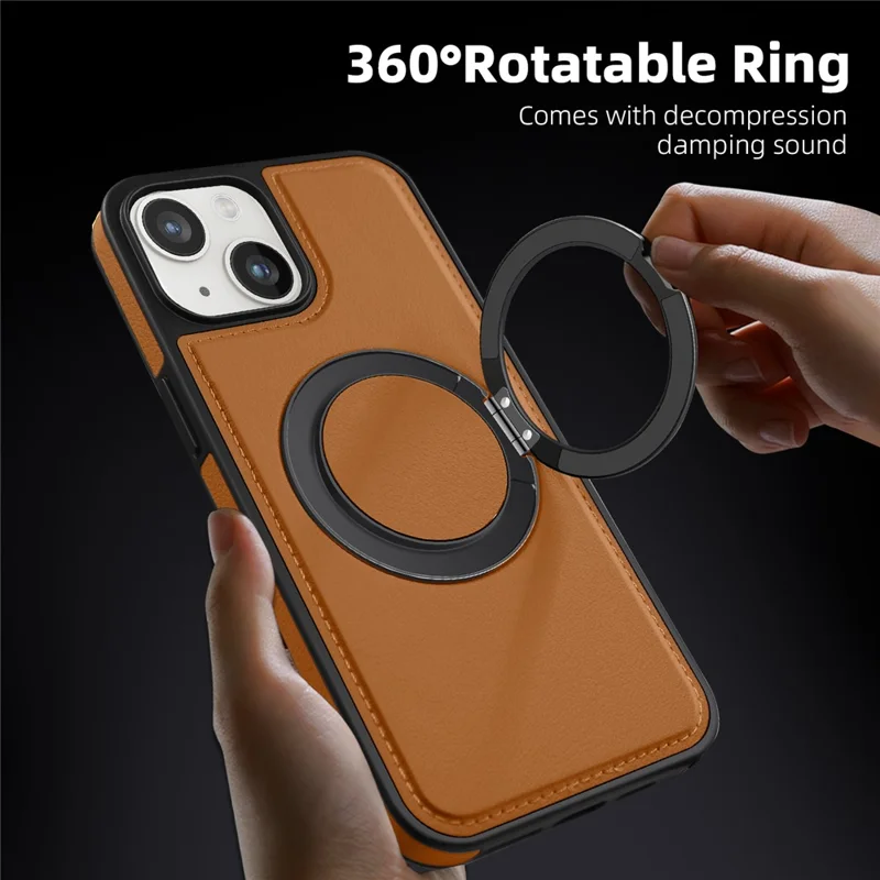 For iPhone 14 Plus Case with Ring Kickstand Compatible with MagSafe PU Leather Back Cover - Brown