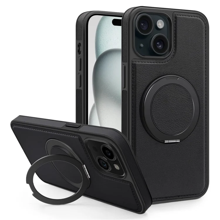 Para iPhone 15 Plus Case Drop-Proof Leather+PC+TPU Capa Magnética de Telefone com Suporte - Preto