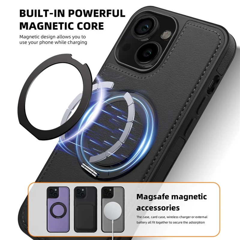 Para iPhone 15 Plus Case Drop-Proof Leather+PC+TPU Capa Magnética de Telefone com Suporte - Preto