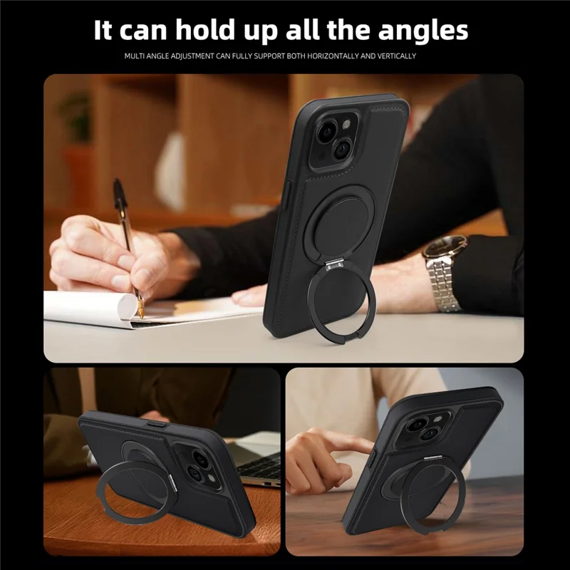 Para iPhone 15 Plus Case Drop-Proof Leather+PC+TPU Capa Magnética de Telefone com Suporte - Preto