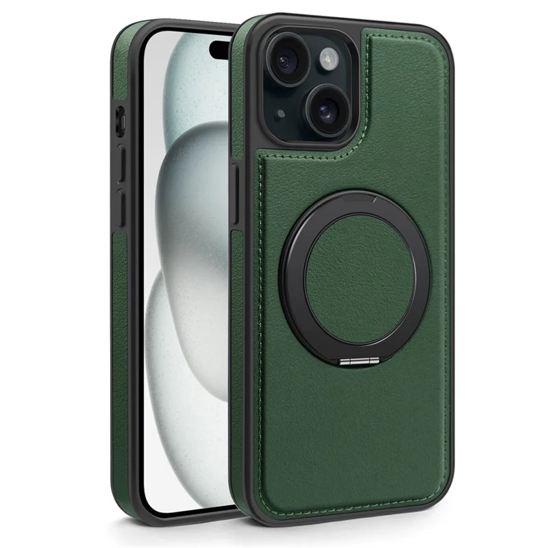 Pour iPhone 15 Plus Étui anti-chute en cuir+PC+TPU Étui de téléphone magnétique avec support - Vert foncé