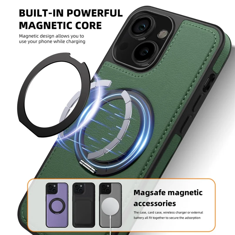 Pour iPhone 15 Plus Étui anti-chute en cuir+PC+TPU Étui de téléphone magnétique avec support - Vert foncé