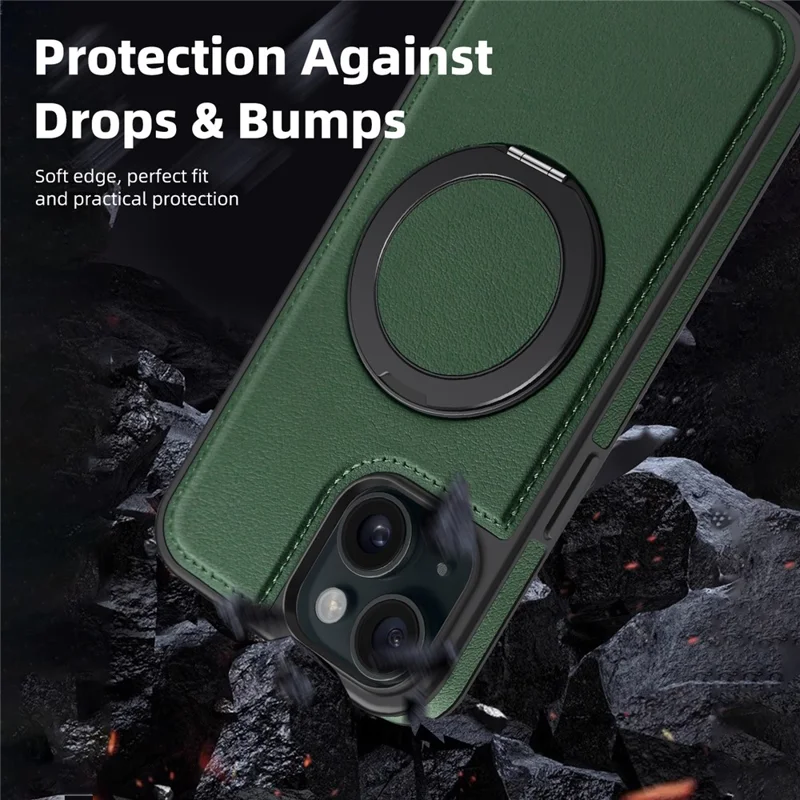 Pour iPhone 15 Plus Étui anti-chute en cuir+PC+TPU Étui de téléphone magnétique avec support - Vert foncé