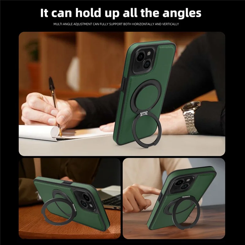 Pour iPhone 15 Plus Étui anti-chute en cuir+PC+TPU Étui de téléphone magnétique avec support - Vert foncé