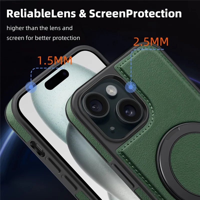Pour iPhone 15 Plus Étui anti-chute en cuir+PC+TPU Étui de téléphone magnétique avec support - Vert foncé