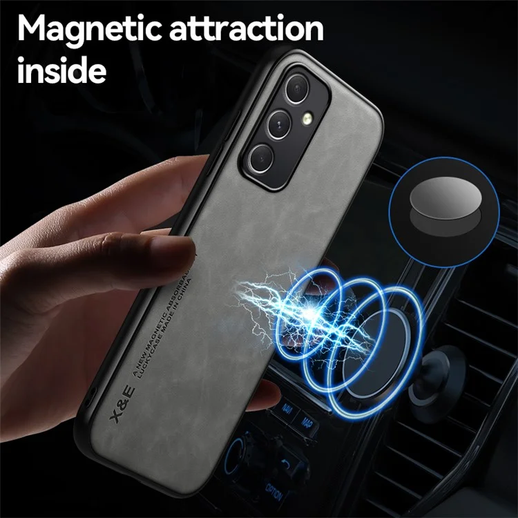 X&E Pour Étui Samsung Galaxy A55 5G Cuir+TPU+PC Support de Voiture Magnétique Étui de Téléphone - Gris Clair