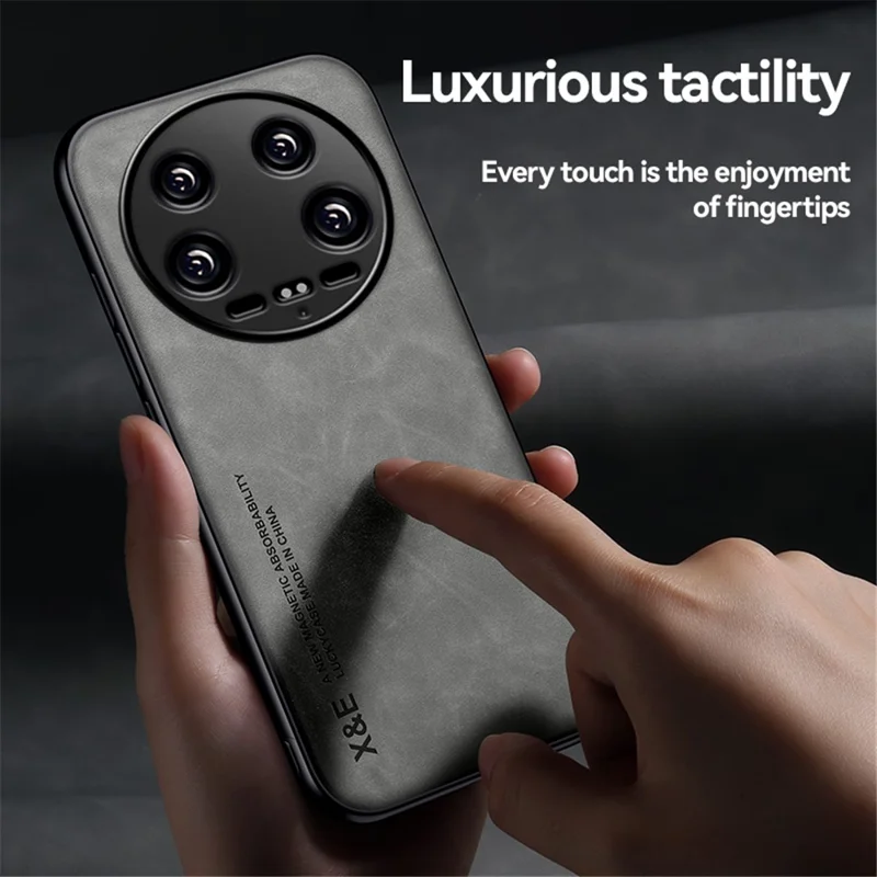 X&E For Xiaomi 14 Ultra Phone Case PU Leather Coated TPU+PC Back Cover Support Magnetic Car Mount - Light Grey