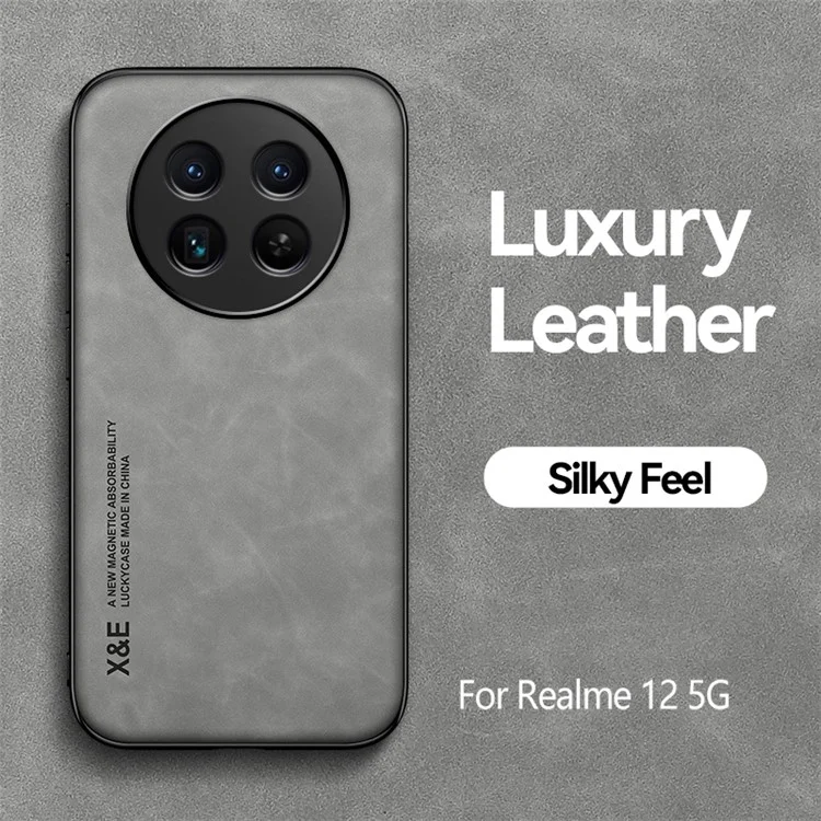 X&E Para Realme 12 5G Funda Piel+TPU+PC Funda de teléfono Soporte para montaje magnético de coche - Gris claro