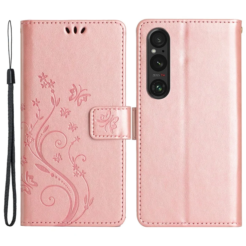 For Sony Xperia 1 VI Wallet Case Butterfly Imprinted Phone Leather Cover - Rose Gold