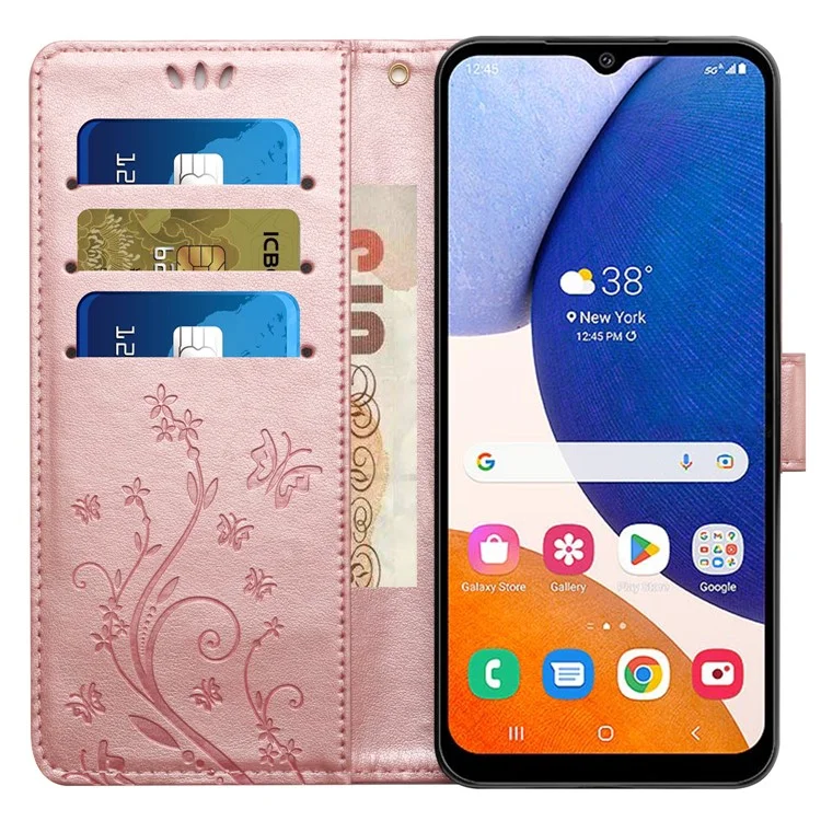 For Samsung Galaxy Xcover7 Case Leather Wallet Stand Phone Cover Butterfly Pattern - Rose Gold
