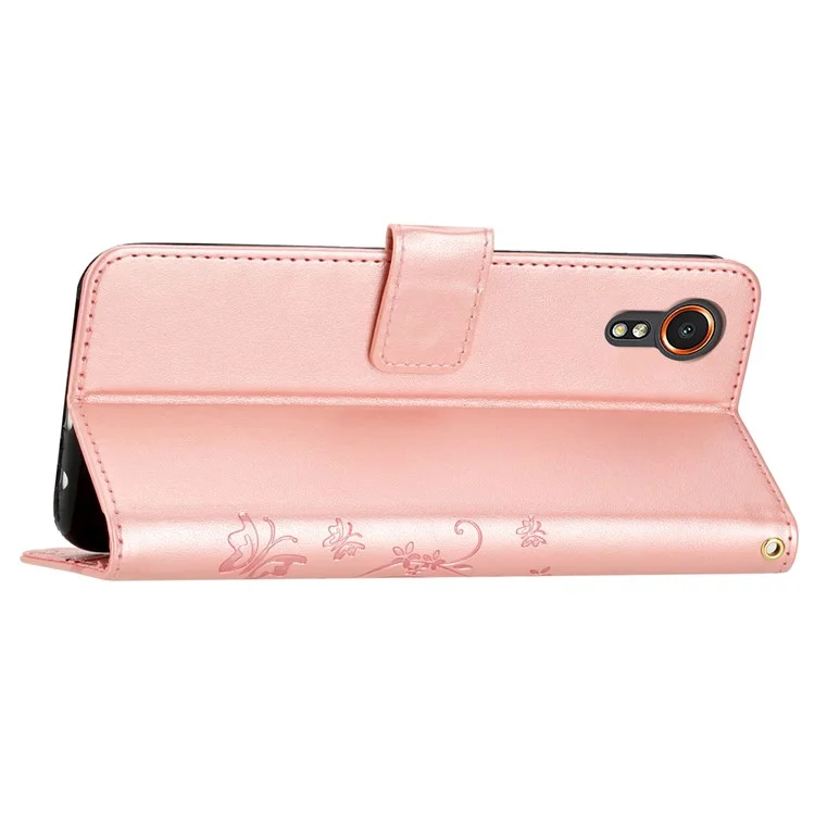For Samsung Galaxy Xcover7 Case Leather Wallet Stand Phone Cover Butterfly Pattern - Rose Gold