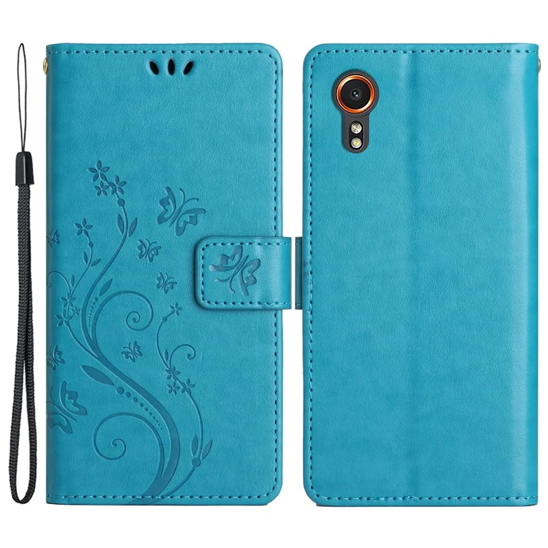 For Samsung Galaxy Xcover7 Case Leather Wallet Stand Phone Cover Butterfly Pattern - Blue