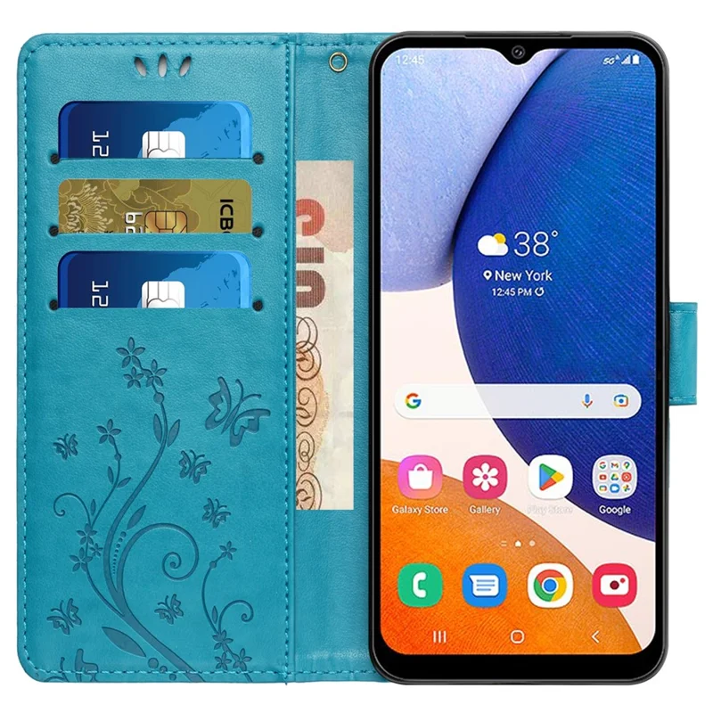 For Samsung Galaxy Xcover7 Case Leather Wallet Stand Phone Cover Butterfly Pattern - Blue