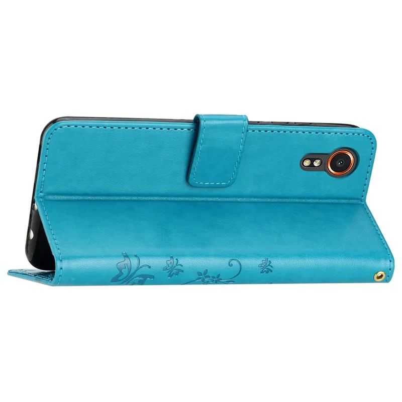 For Samsung Galaxy Xcover7 Case Leather Wallet Stand Phone Cover Butterfly Pattern - Blue