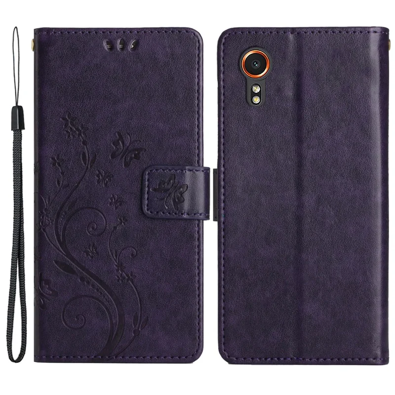 For Samsung Galaxy Xcover7 Case Leather Wallet Stand Phone Cover Butterfly Pattern - Dark Purple