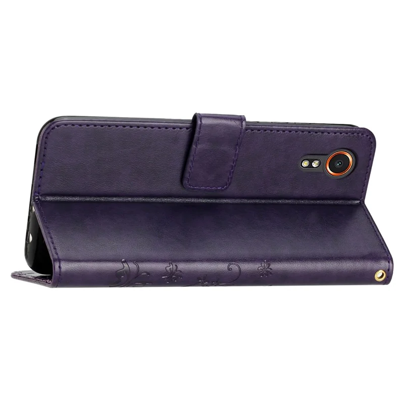 For Samsung Galaxy Xcover7 Case Leather Wallet Stand Phone Cover Butterfly Pattern - Dark Purple
