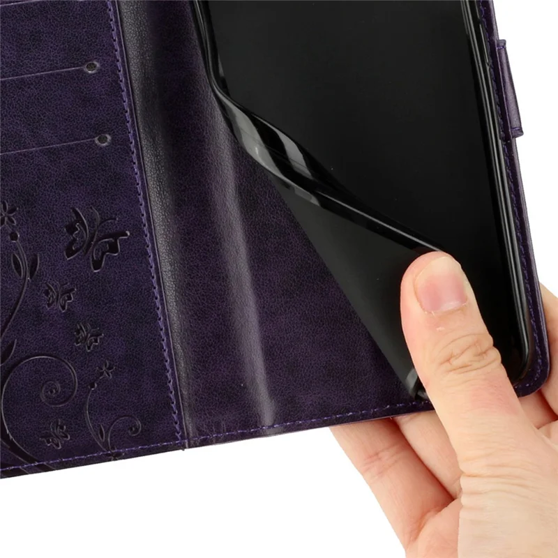 For Samsung Galaxy Xcover7 Case Leather Wallet Stand Phone Cover Butterfly Pattern - Dark Purple